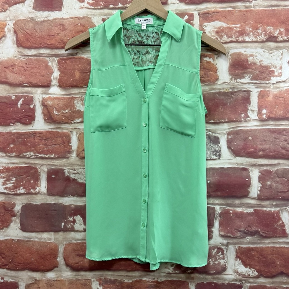 Express Portofino Top Women's S Green Floral Lace Back Casual Button Front Shirt